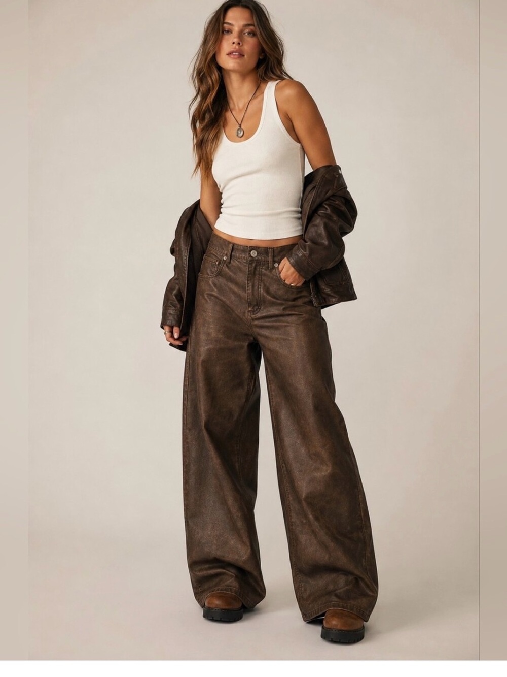 We The Free Brown Wide-Leg Leather-Look Pants